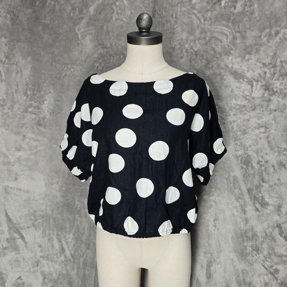 Tabitha Brown Linen Blend Women L‎ Top Black White Polka Dot Button Back Retro